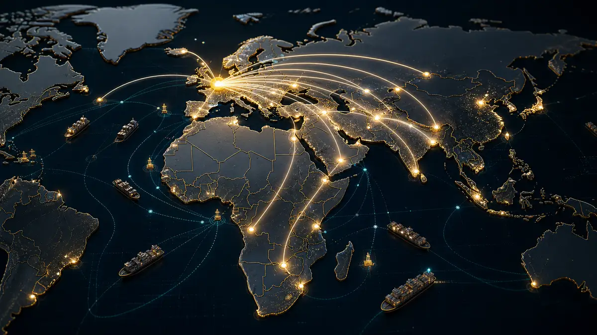 3D Weltkarte mit Autoexport-Routen nach Europa, Afrika und Nahost